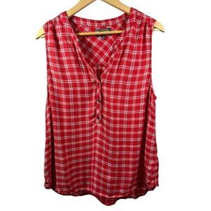 MICHAEL STARS Women's Plaid Check 1/2 Button Sleeveless Flannel Top Red Size XL